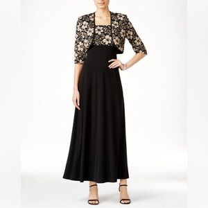 R & M Richards Two-Piece Maxi Dress and Shrug Size 10 Black and Gold